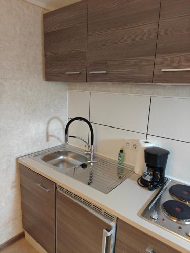 a small kitchen with a sink and a stove at Müritzblick am Wünnow in Röbel