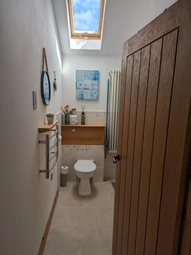 a bathroom with a toilet and a window at Sunnyside Annexe in Oxford
