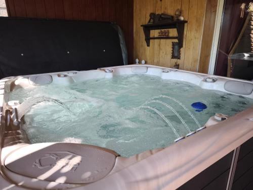 a jacuzzi tub with green water in it at MAGNIFIQUE VILLA Terrasse, Jardin paysagé, Piscine, SPA et Sauna privé in Chauzon