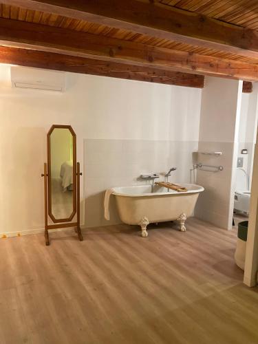 a bathroom with a bath tub and a mirror at Fajureya House in Vaumeilh
