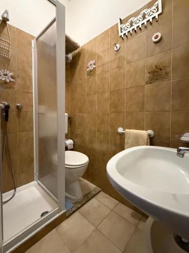 a bathroom with a shower and a toilet and a sink at Albergo NARDINI in Le Grazie