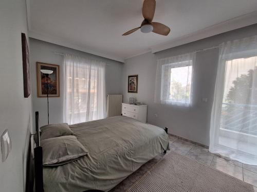 a bedroom with a bed and a ceiling fan at Elia rooms in Neoi Epivates