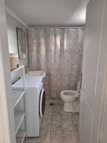 a bathroom with a toilet and a sink and a washing machine at Elia rooms in Neoi Epivates