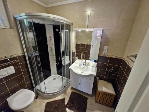 a bathroom with a shower and a toilet and a sink at Fenyves Ferienhaus 2 **** in Balatonfenyves