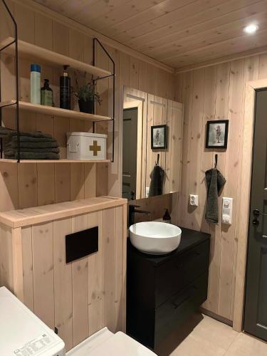 a bathroom with a sink and a toilet in it at Harevadet 221 in Volda
