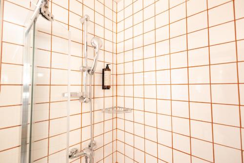 a shower in a bathroom with white tiled walls at Côté Lac Hostel Evian in Évian-les-Bains