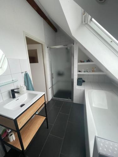a bathroom with a sink and a shower at Haus Mediterran in Kamień Pomorski
