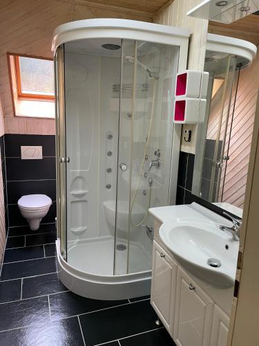 a bathroom with a shower and a sink at Sternenblick in Neresheim