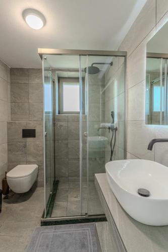 a bathroom with a glass shower and a sink at Sofia's Villa in Riglia