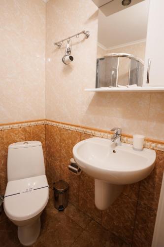 a bathroom with a white toilet and a sink at City Center Residence in Chernivtsi