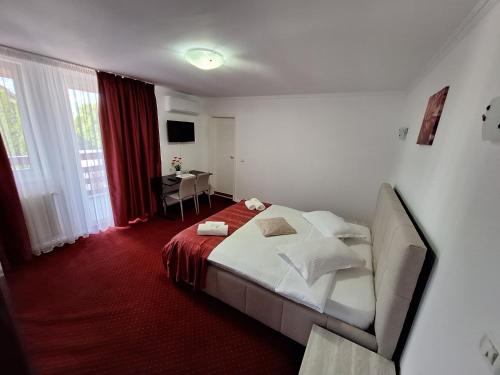 a bedroom with a bed and a red carpet at Pensiunea D&D in Făgăraş