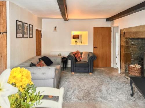 a living room with two couches and a fireplace at Causeway Cottage in Wolsingham
