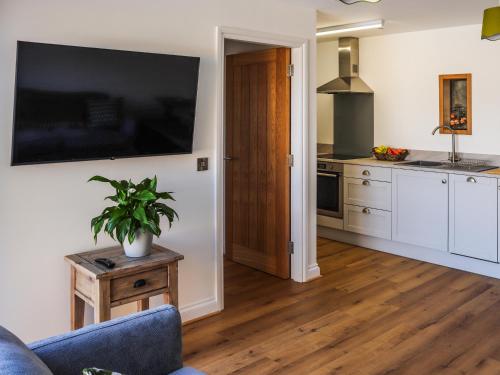 a kitchen with a couch and a tv on a wall at Erddyn - Uk48860 in Llanddwywe