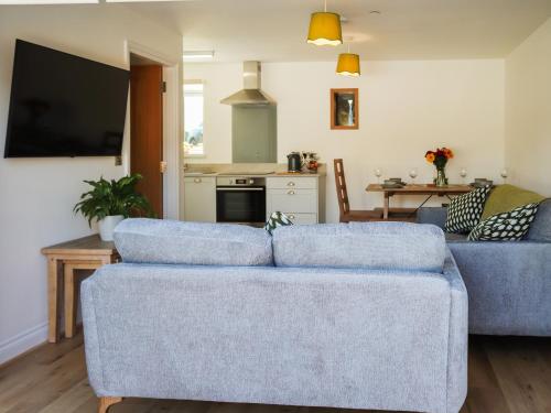 a living room with two blue couches and a kitchen at Bodlyn - Uk48861 in Llanddwywe