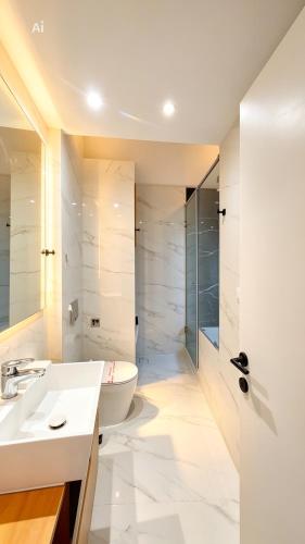 ein Badezimmer mit Toilette, Waschbecken und Dusche in der Unterkunft Pelekas loft in Pelekas