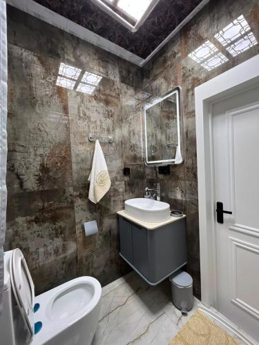 a bathroom with a sink and a toilet and a mirror at Green Ville Residence in Baku