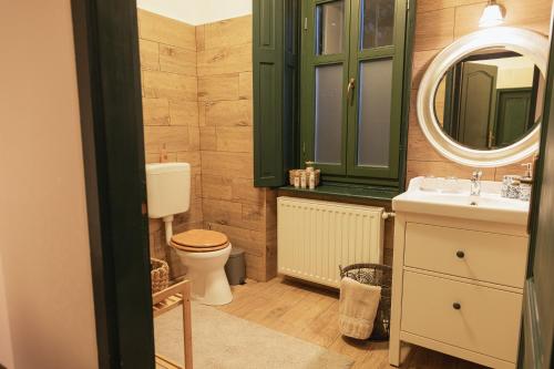 a bathroom with a toilet and a sink and a mirror at Villa Rustica Vendégház Sümeg in Sümeg