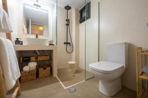 a bathroom with a toilet and a sink and a shower at Akissare in Kámpos