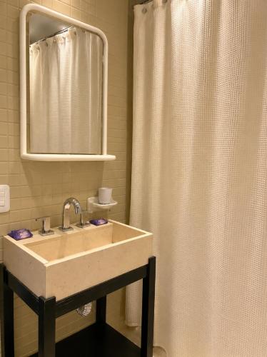 a bathroom with a sink and a shower curtain at Departamento Boutique Las Leñas ATENAS in Las Lenas