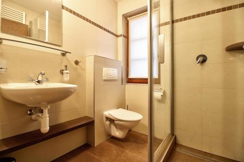 y baño con aseo, lavabo y ducha. en Penzion Villa Alena, en Velké Bílovice