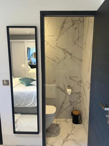 a bathroom with a mirror and a toilet and a bed at VILLA MESSILIA Guest Rooms French Riviera in Saint-Raphaël