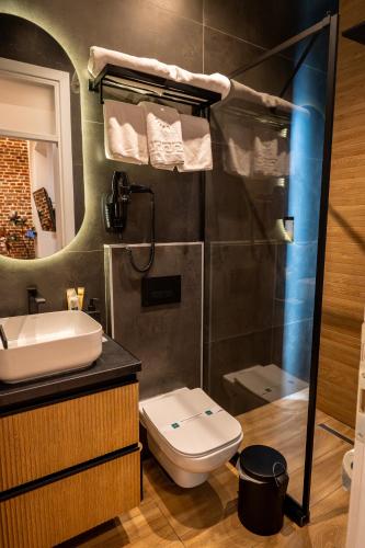 a bathroom with a toilet and a sink and a shower at Sokak Heritage Apartments in Bitola
