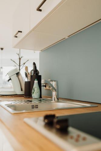 a kitchen counter with a sink and a counter top at Gemütliche Ferienwohnung in Riedlingen