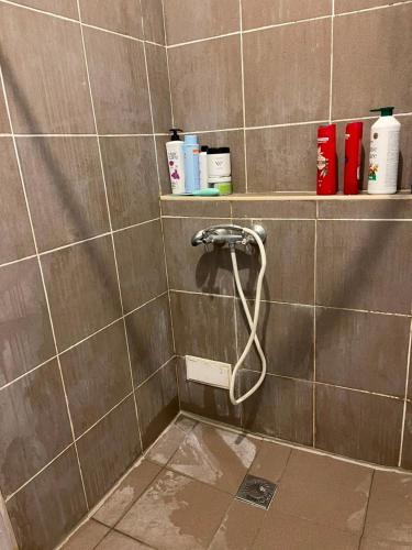 a shower with a hose in a tiled bathroom at Good Dreams in Kyiv