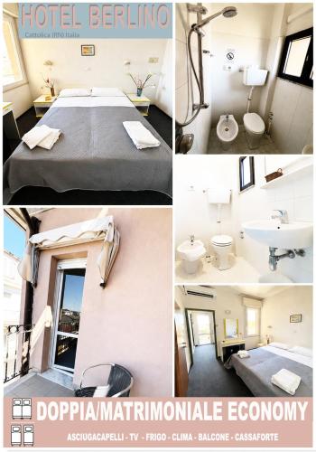a collage of four pictures of a hotel bedroom at Hotel Berlino in Cattolica