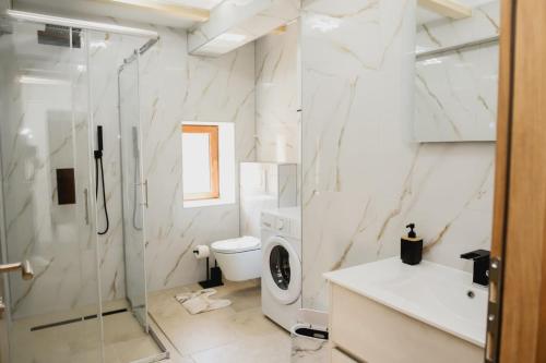 a bathroom with a shower and a toilet and a sink at Aurora in Ljubuški
