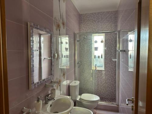 a bathroom with a toilet and a sink and a shower at Marujo Home & Heart in Penedo Gordo