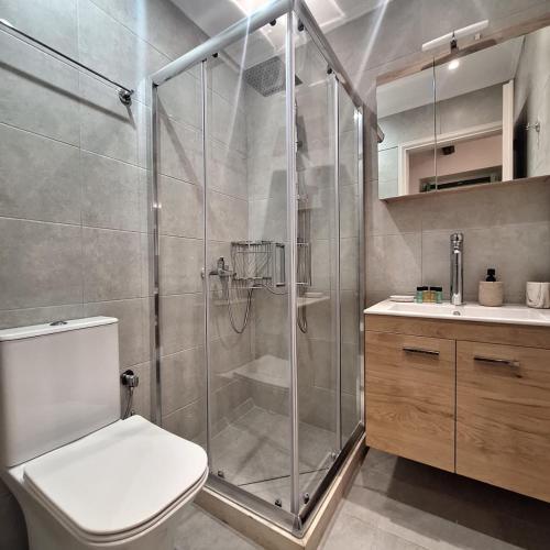 a bathroom with a shower with a toilet and a sink at Alekos Cozy Stone 2BR Home Karya Center in Lefkada