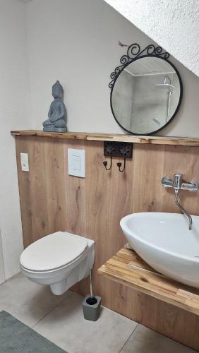 a bathroom with a white toilet and a mirror at Bergblick2 in Zell an der Mosel