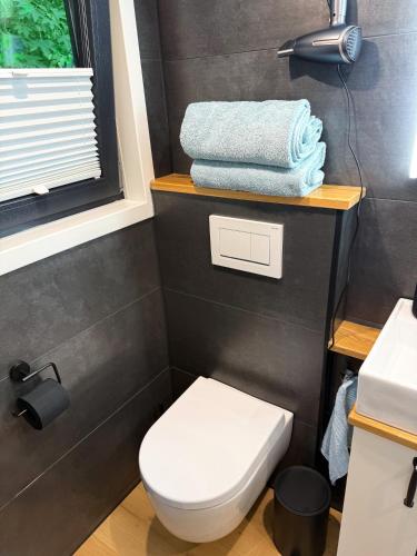 a bathroom with a toilet and towels on a shelf at Tiny House Hameln in Salzhemmendorf