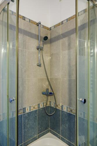 a bathroom with a shower with a toilet in it at Adonis Rooms in Skopelos Town