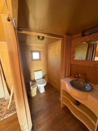 a small bathroom with a toilet and a sink at Roaming Desert Luxury Camp in Lac Yasmins