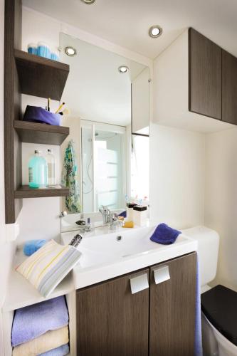 a bathroom with a sink and a mirror at Camping le Rural- 3 étoiles in Tibiran-Jaunac