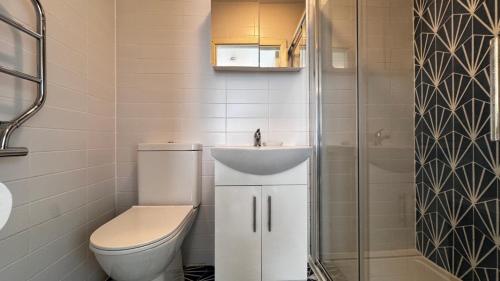 a bathroom with a sink and a toilet and a shower at The Lodge, Whitethorns, Myrtleville in Myrtleville