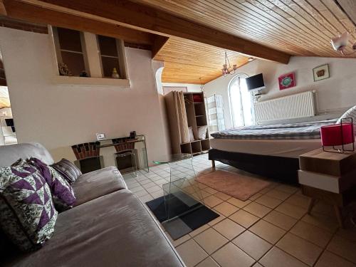 a living room with a bed and a couch at Château de Villeron in Savigny-en-Revermont