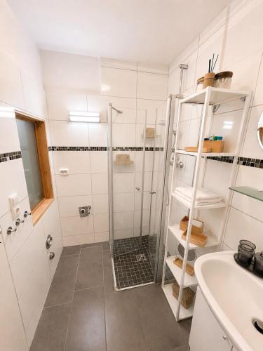 a bathroom with a shower and a sink at Ferienwohnung am Bodden in Barth