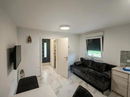 a living room with a couch and a tv at Apartma Alpine Gateway in Komenda