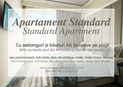 a sign for the apartment standard standard arrangement in a hotel room at Panoramic Mamaia Hotel in Mamaia