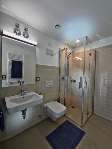 ein Badezimmer mit Waschbecken, Dusche und Toilette in der Unterkunft Hotel im Sud in Eggenfelden