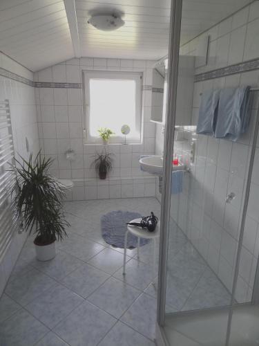 a bathroom with a shower and a sink at Gästehaus Koros in Fischen