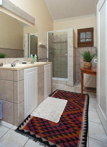 a bathroom with a sink and a shower and a rug at Great Dane at Brittlewood in Underberg