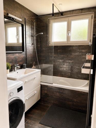 a bathroom with a sink and a washing machine at Appart Vosges in Fresse-sur-Moselle