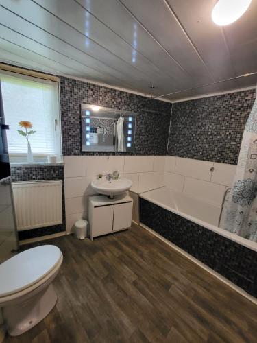 a bathroom with a toilet and a tub and a sink at Worker's Home by Nina in Herzberg am Harz
