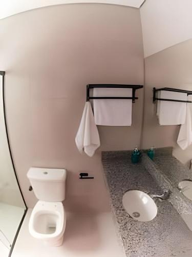 a bathroom with a toilet and a sink at Nosso Hotel Extrema - recém inaugurado in Extrema