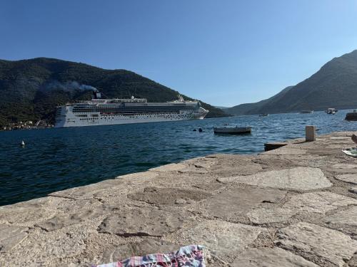 a cruise ship is docked in the water at Apartment Forteca Lux in Perast