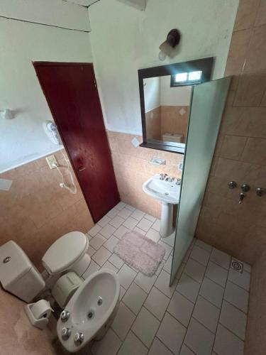 a bathroom with a toilet and a sink and a mirror at El Paso Ibera Cabañas in Colonia Carlos Pellegrini